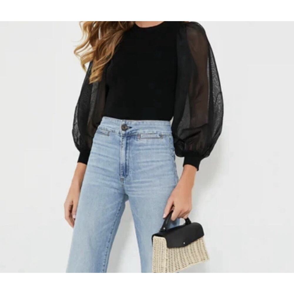 Tuckernuck Black Knit Betsy Blouse Top Xs Small Sheer Balloon Sleeve Fitted Noir